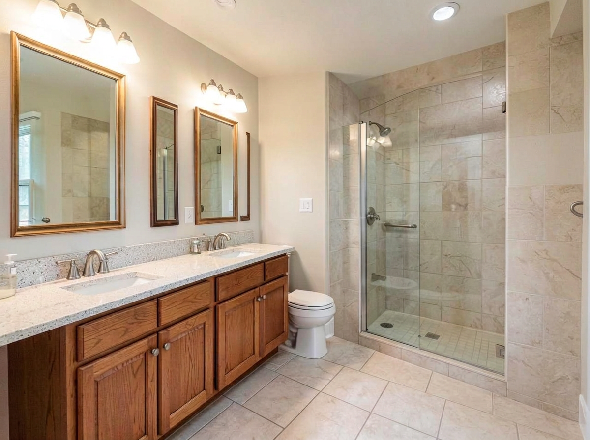 Complete bathroom remodel with double vanity and glass shower
