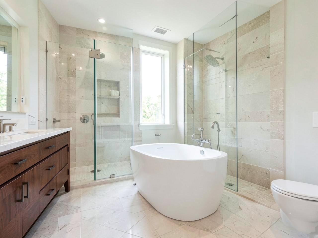 Complete bathroom renovation with soaking tub, vanity, and glass shower