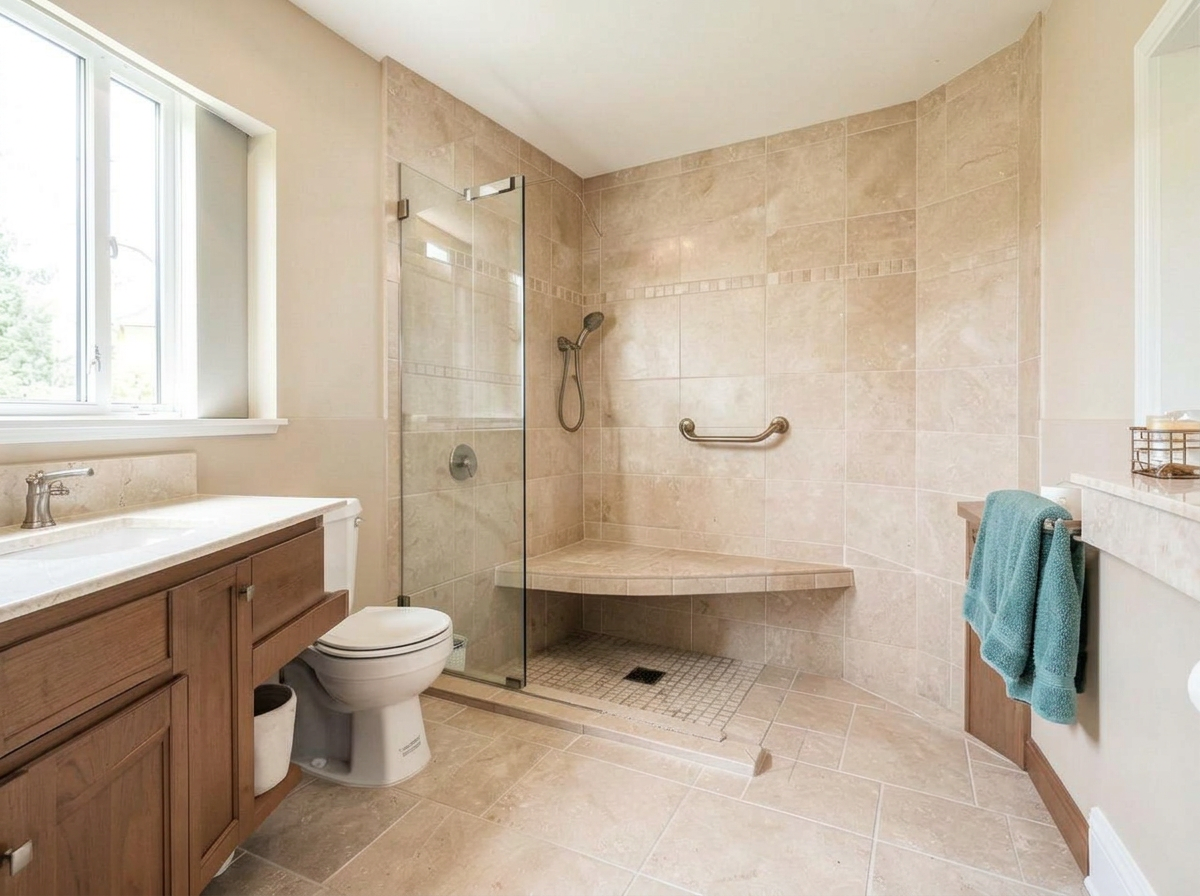 Complete accessible bathroom remodel with curbless shower and vanity