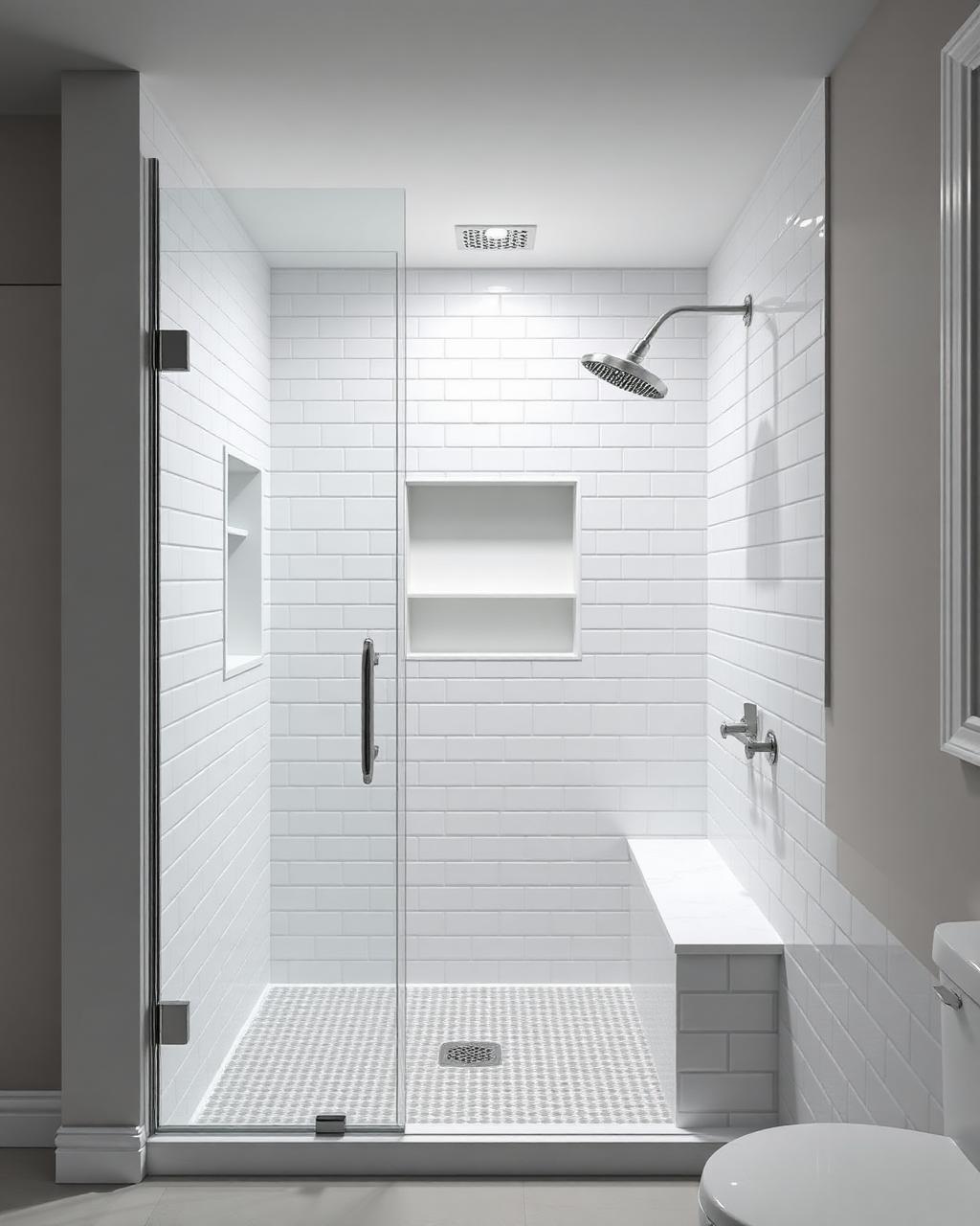 White subway tile bathroom with bench and niche