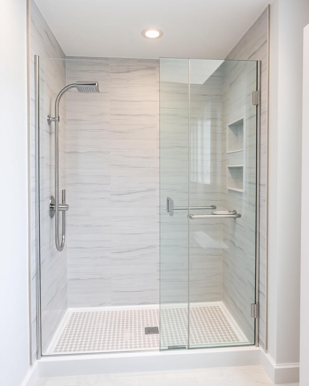 Curbless shower with glass screen and rainfall head