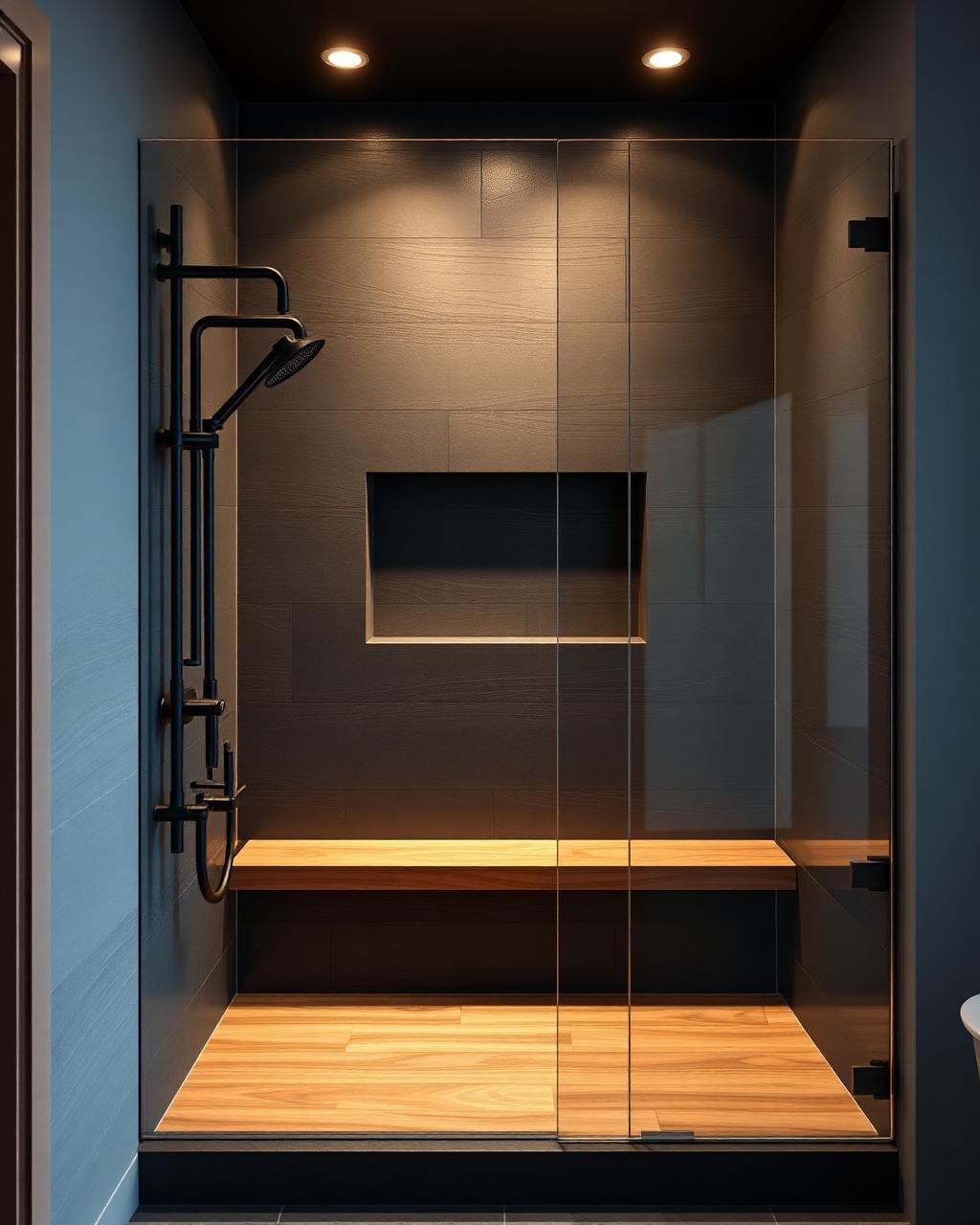 Dark slate bathroom with teak bench and matte black fixtures